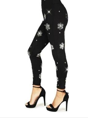 Tipsy Elves Sequin Holiday Leggings Size L Black Silver New with Tags Snowflakes